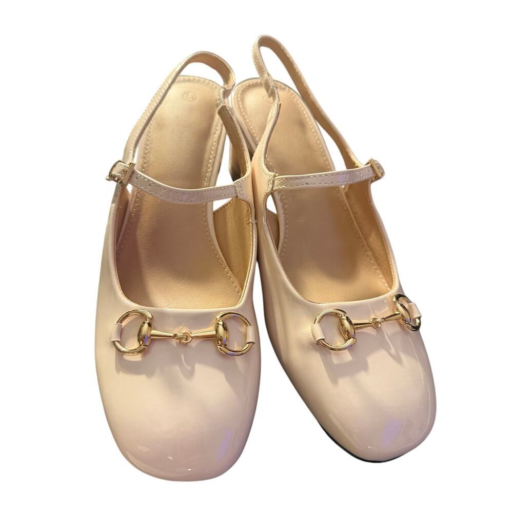 NEW PiePie Buy Women's Patent Mary Jane Slingback Heels Color: Beige Size 8.5